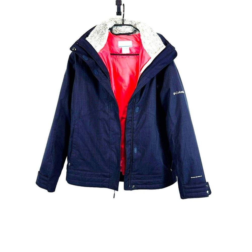 Columbia Outdoor Interchange Hooded Zip Jacket Lined Faux Fur Collar Blue Large